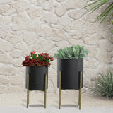 Sagebrook Home Contemporary Set of 2 -  Diamond Planter On Metal Tand, Blk/gld 12629-22 Black Iron