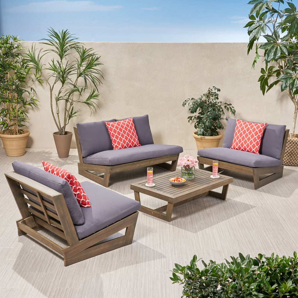 Sherwood Outdoor 4 Seater Chat Set with Coffee Table, Gray and Dark Gray Noble House