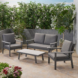 Sinclair Outdoor 4 Piece Aluminum and Faux Wood Chat Set with Cushions, Gray and Dark Gray Noble House