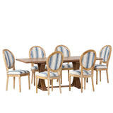 Noble House Derring French Country Fabric Upholstered Wood 7 Piece Dining Set, Dark Blue Stripe and Natural