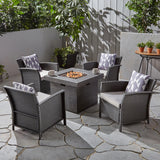 St. Lucia Outdoor 4 Piece Wicker Club Chair Chat Set with Fire Pit, Gray and Silver Noble House