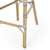 Kinner Outdoor Aluminum French Barstools, Navy Blue, White, and Bamboo Finish Noble House