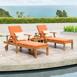 Perla Outdoor Acacia Wood 3 Piece Chaise Lounge Set with Water-Resistant Cushions, Teak and Orange Noble House