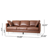 Brockbank Modern Faux Leather 3 Seater Sofa with Pillows, Cognac Brown and Silver Noble House