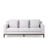 Elliston Contemporary Fabric 3 Seater Sofa with Accent Pillows, Light Gray and Dark Walnut Noble House