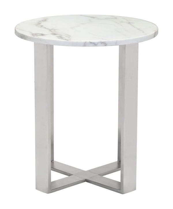 Zuo Modern Atlas Composite Stone, Stainless Steel Modern Commercial Grade End Table White, Silver Composite Stone, Stainless Steel