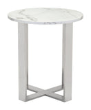 Zuo Modern Atlas Composite Stone, Stainless Steel Modern Commercial Grade End Table White, Silver Composite Stone, Stainless Steel