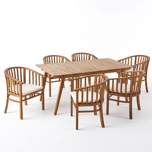 Noble House Alondra Outdoor 6 Seater Acacia Wood Dining Set, Teak Finish and Cream