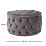 Zelfa Modern Glam Tufted Velvet Round Ottoman, Gray and Black Noble House