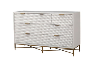White Pearl Dresser with 7 Drawers, Textured Fronts & Gold Accents - Contemporary Storage Solution