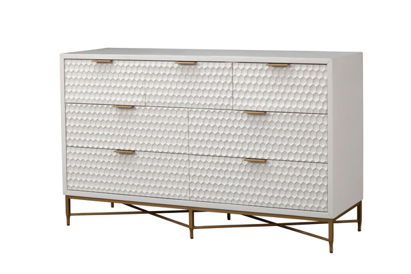 White Pearl Dresser with 7 Drawers, Textured Fronts & Gold Accents - Contemporary Storage Solution
