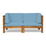 Oana Outdoor Modular Acacia Wood Loveseat with Cushions, Teak and Blue Noble House