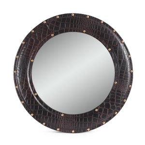 Dodds Handcrafted Boho Studded Croco Leather Round Wall Mirror, Dark Brown Noble House