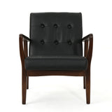 Marcola Mid Century Modern Faux Leather Club Chair with Wood Frame, Black and Dark Espresso Noble House