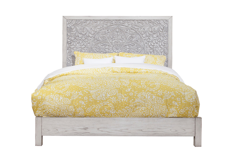 Aria King Panel Bed - Handcrafted Mahogany with Floral Design in Weathered White Finish, Stylish Comfort