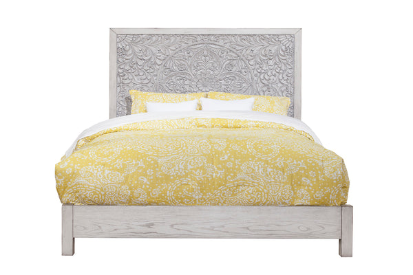 Aria California King Panel Bed - Handcrafted Mahogany with Floral Carvings in Weathered White Finish