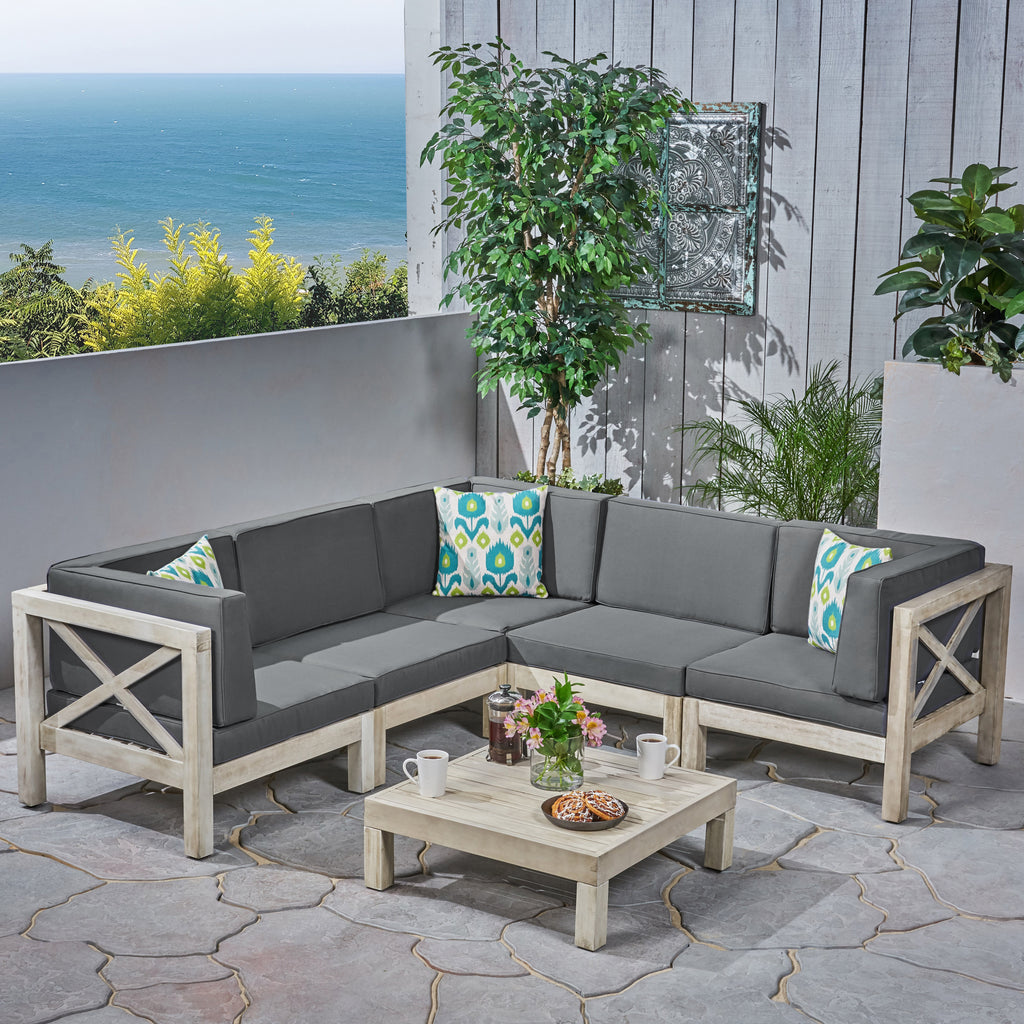 Brava Outdoor Acacia Wood 5 Seater Sectional Sofa Set with Coffee Table, Weathered Gray and Dark Gray Noble House