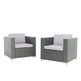 Murano Outdoor Grey Wicker Club Hair  with Silver Water Resistant Fabric Cushions - Set of 2