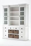 Halifax Library Hutch with Basket Set in semi-gloss paint with a smooth top coat. Solid Mahogany, Composite wood, Rattan, Glass