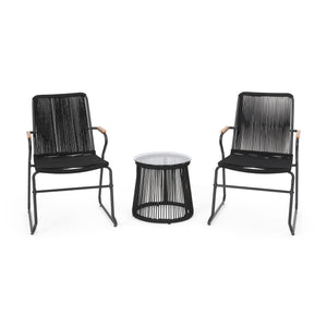 Noble House Moonstone Modern Outdoor Rope Weave Chat Set with Side Table, Black and Natural