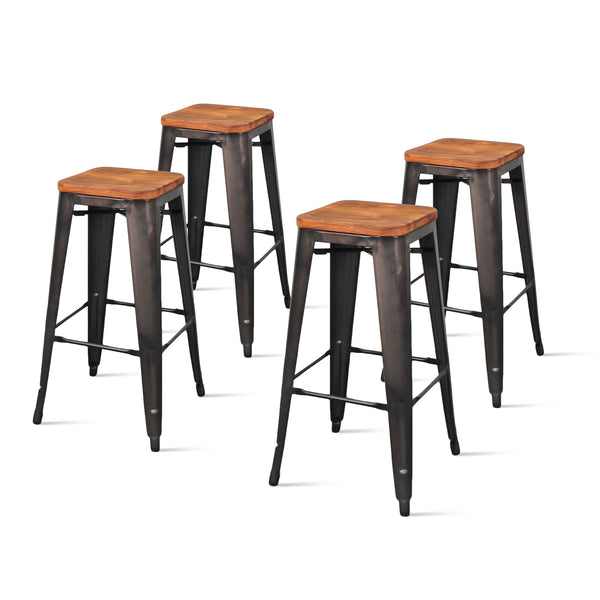 Metropolis Backless Bar Stool Set of 4 - Stylish Retro Design with Solid Pine Top and Stackable Ease
