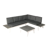 Irma Outdoor Aluminum Sofa Sectional with Faux Wood Accents, White and Gray
