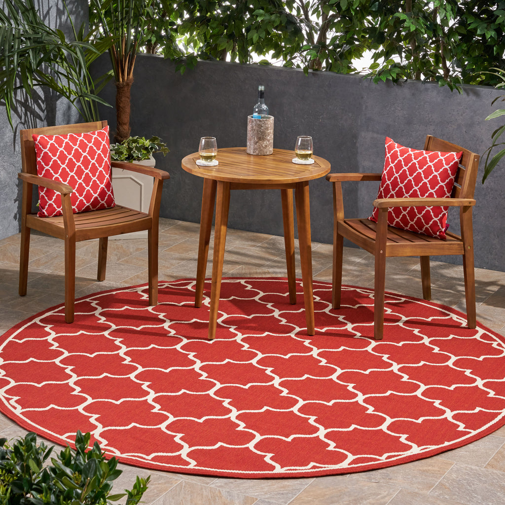 Thornhill Outdoor 7'10" Round Trefoil Area Rug, Red and Ivory Noble House