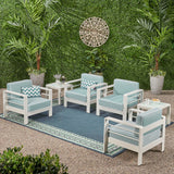 Noble House Cape Coral Outdoor 4 Seater  Club Chair and Table Set, White and Light Teal