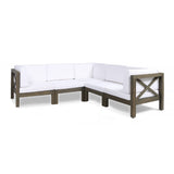 Brava Outdoor Acacia Wood 5 Seater Sectional Sofa Set with Water-Resistant Cushions, Gray and White Noble House