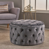 Zelfa Modern Glam Tufted Velvet Round Ottoman, Gray and Black Noble House