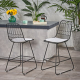 Niez Outdoor Wire Counter Stools with Cushions, Black and Ivory Noble House
