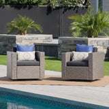 Puerta Outdoor Mixed Black Wicker Swivel Club Chairs with Dark Grey Water Resistant Cushions Noble House