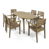 Noble House Stamford Outdoor 7-Piece Acacia Wood Dining Set with Oval Table, Gray Finish