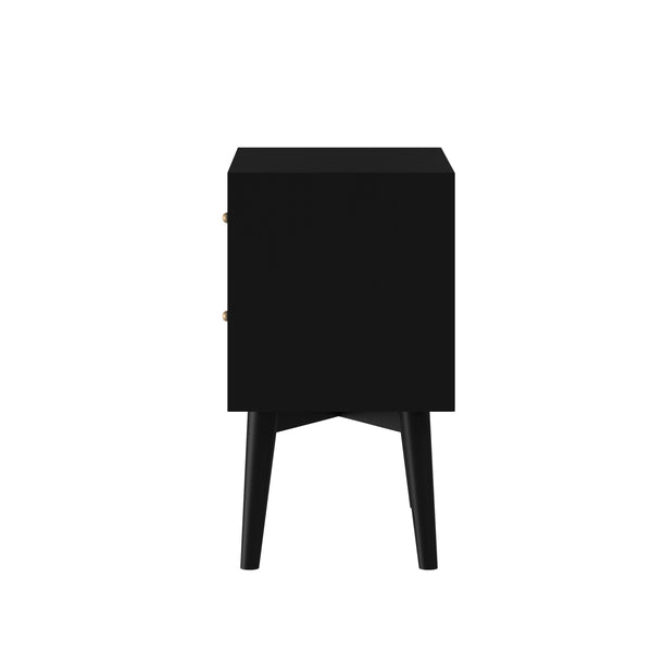 Alpine Furniture Flynn Mid Century Modern 2 Drawer Nightstand, Black 966BLK-02 Black Mahogany Solids & Okoume Veneer 18 x 15 x 26