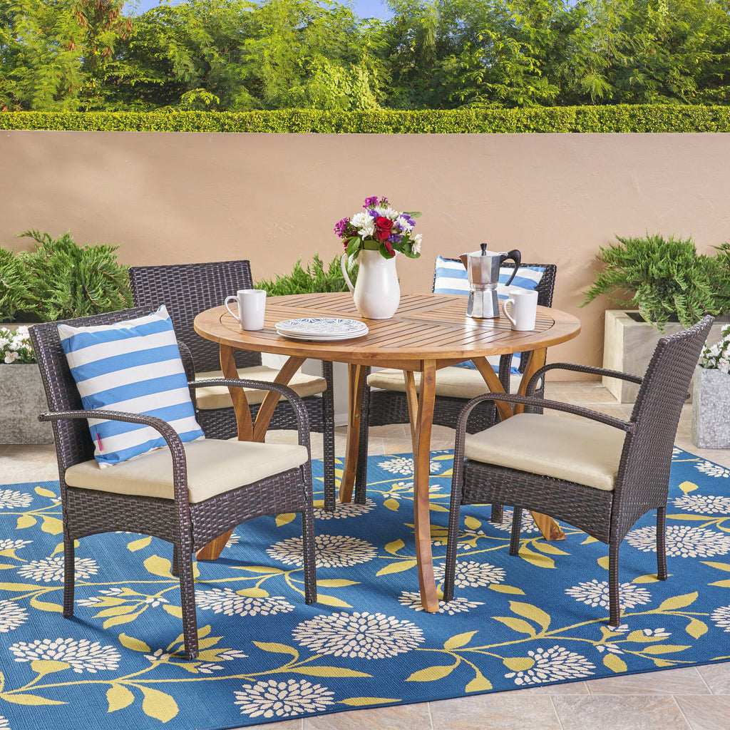 Noble House Chilton Outdoor 5 Piece Acacia Wood and Wicker Dining Set, Teak with Multi Brown Chairs