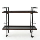 Gerard Modern Industrial 2-Tier Wood Bar Cart with Wheels, Dark Walnut and Black Noble House