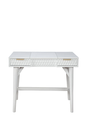 White Pearl Bedroom Vanity - Contemporary Mahogany Design with Textured Drawers & Hidden Mirror Storage