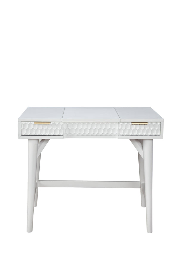 White Pearl Bedroom Vanity - Contemporary Mahogany Design with Textured Drawers & Hidden Mirror Storage