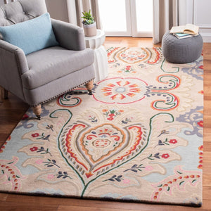 Bella 118 Country & Floral Hand Tufted 100% Wool Pile Rug Beige / Blue