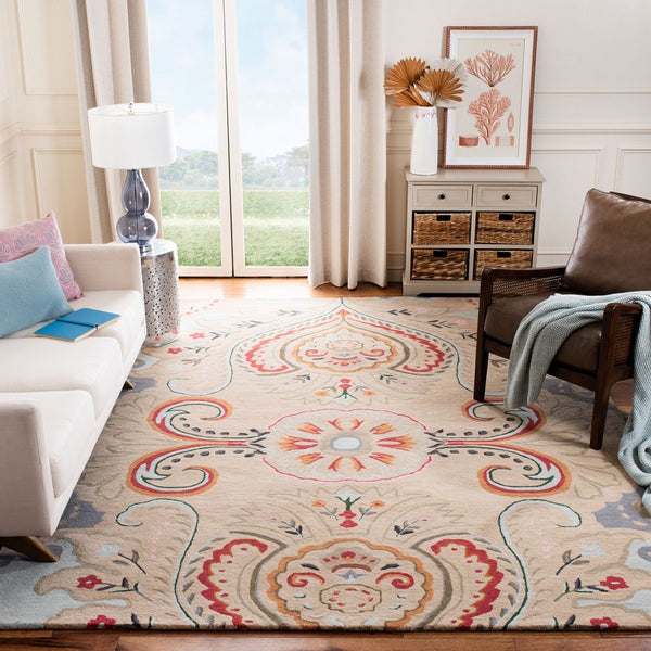 Bella 118 Country & Floral Hand Tufted 100% Wool Pile Rug Beige / Blue