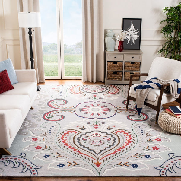 Bella 118 Country & Floral Hand Tufted 100% Wool Pile Rug Grey / Red