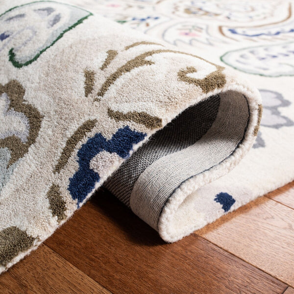 Bella 118 Country & Floral Hand Tufted 100% Wool Pile Rug Ivory / Blue