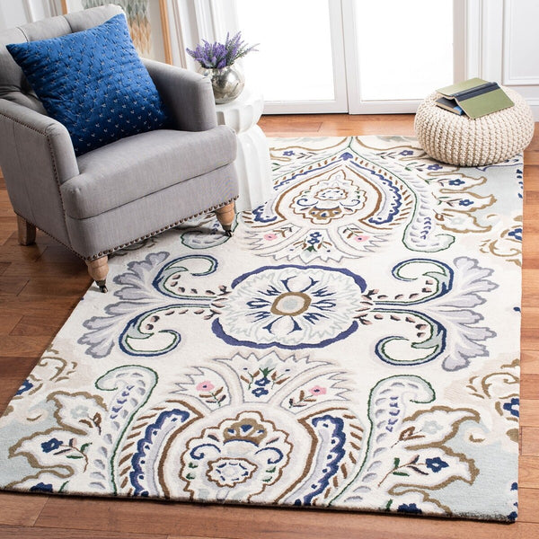 Bella 118 Country & Floral Hand Tufted 100% Wool Pile Rug Ivory / Blue
