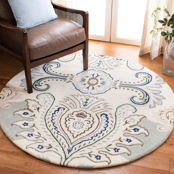 Bella 118 Country & Floral Hand Tufted 100% Wool Pile Rug Ivory / Blue