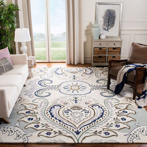 Bella 118 Country & Floral Hand Tufted 100% Wool Pile Rug Ivory / Blue