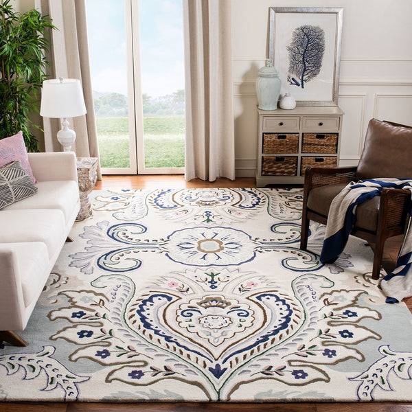 Bella 118 Country & Floral Hand Tufted 100% Wool Pile Rug Ivory / Blue