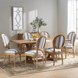 Noble House Derring French Country Fabric Upholstered Wood 7 Piece Dining Set, Dark Blue Stripe and Natural
