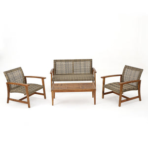 Hampton Outdoor 4 Piece Grey Wicker Chat Set with Natural Stained Acacia Wood Frame Noble House