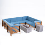 Oana Outdoor U-Shaped 8 Seater Acacia Wood Sectional Sofa Set with Fire Pit, Teak, Blue, and Light Gray Noble House