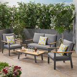 Sinclair Outdoor 4 Piece Aluminum and Faux Wood Chat Set with Cushions, Gray and Gray Noble House